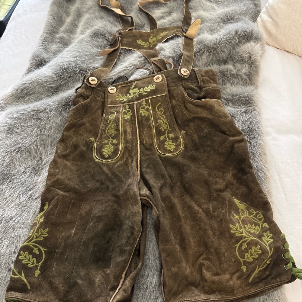 Traditional Men's Brown Suede Lederhosen with Green Embroidery